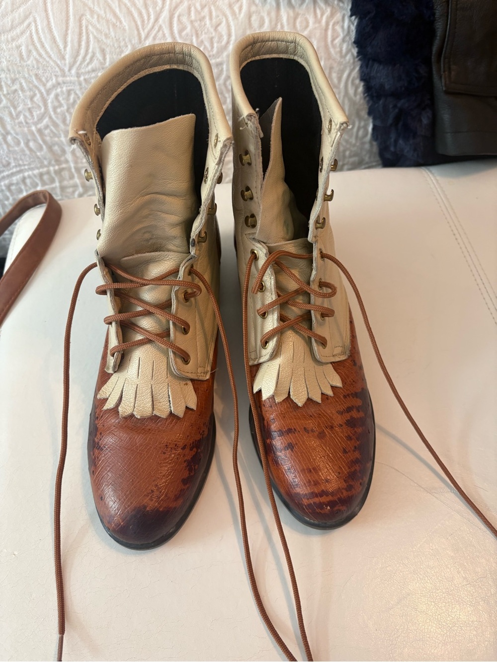 J. Chisholm vintage boots. Two-Tone Brown and Cream Lace-Up Kiltie Boots
